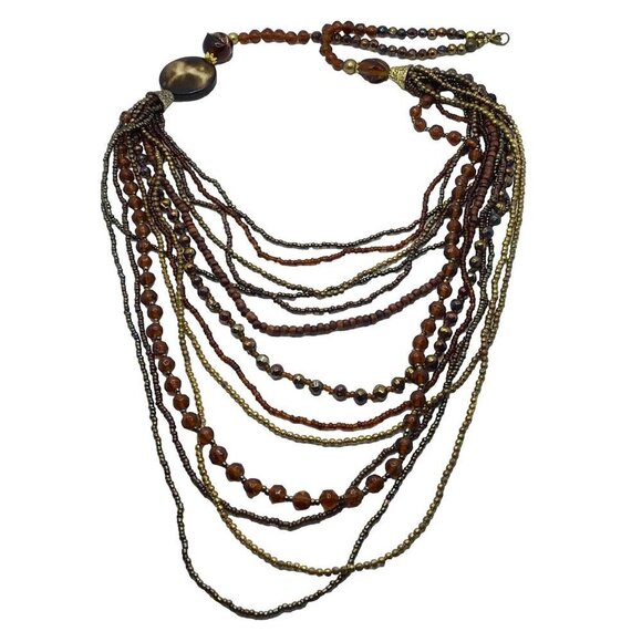 Multi Strand Necklace Draped Beaded Strands Brown Gold Tone Boho Glam - Picture 2 of 2